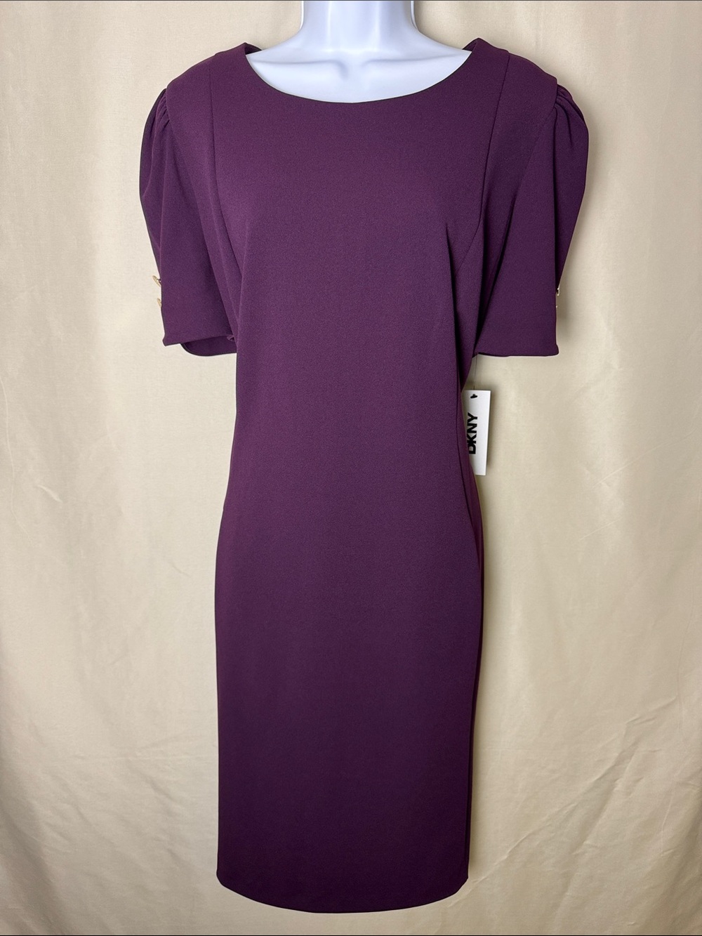 DKNY Plum Midi Dress with Puff Short Sleeves